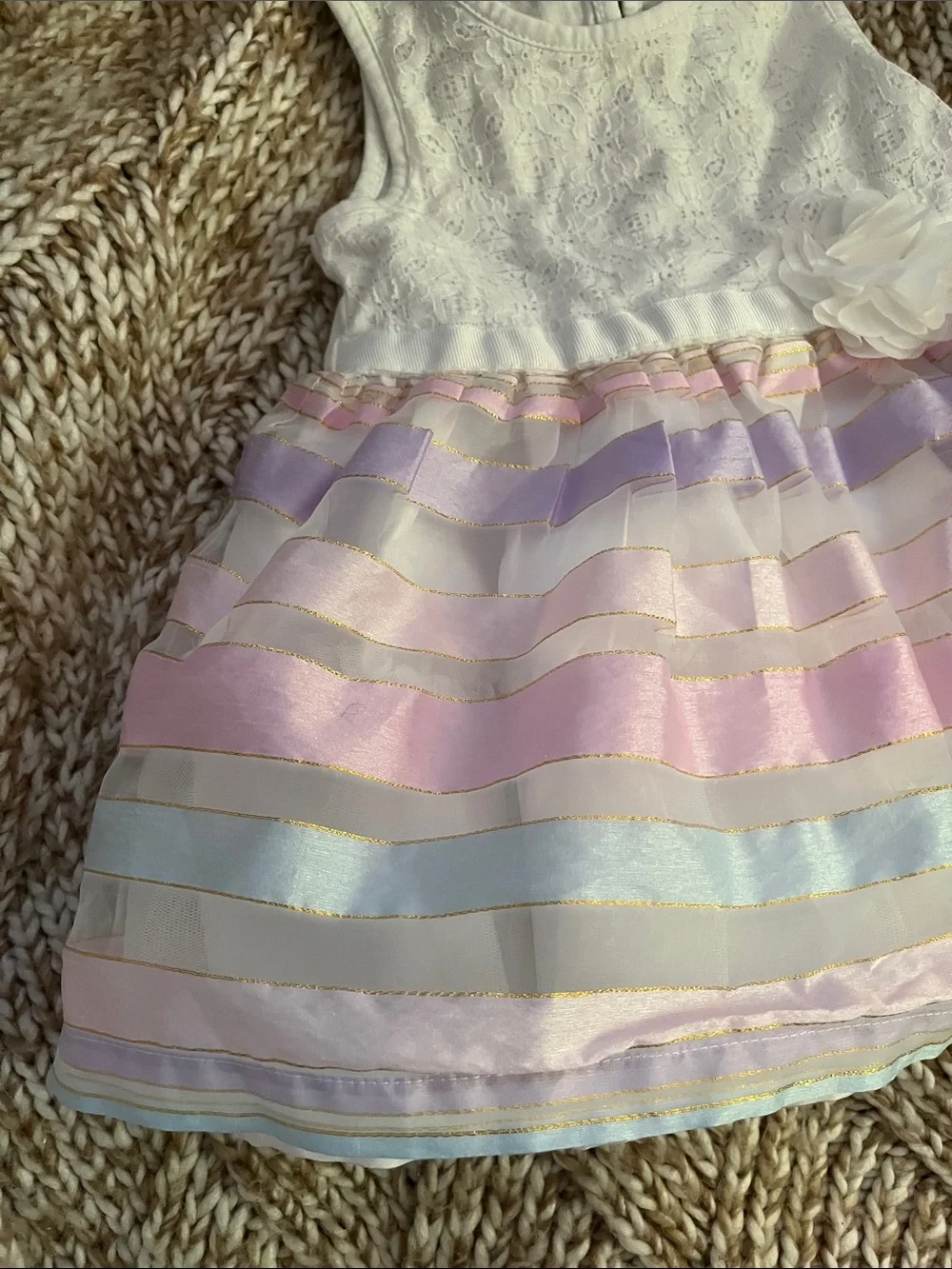 The Children's Place White Lace Bodice Pastel Striped Dress with Flower